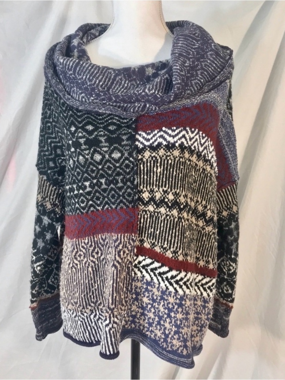 Free People “Favorite Patchwork” Cropped Cowlneck Sweater Sz S